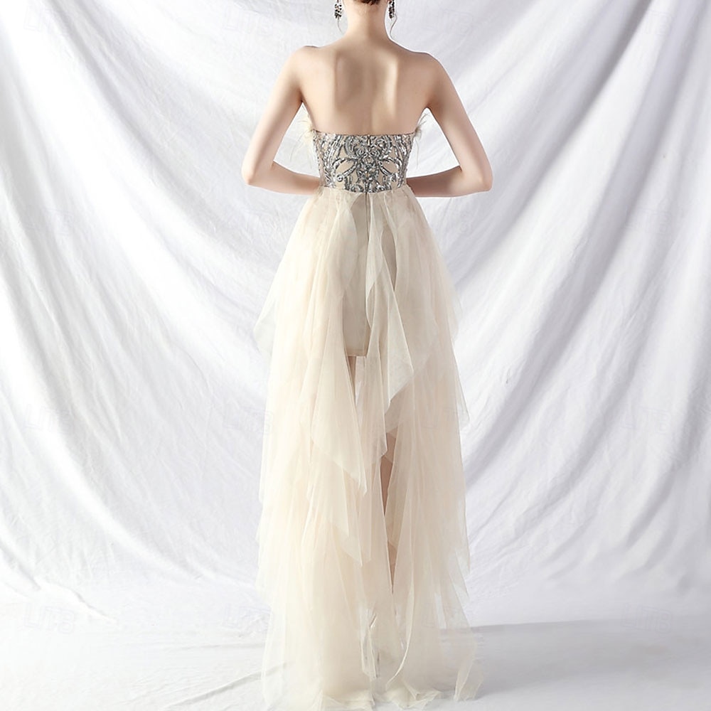 A-Line Quinceanera Dresses Elegant Dress Formal Wedding Asymmetrical Sleeveless Strapless Tulle Backless with Feather Embroidery 2025 - $84.99 –P13