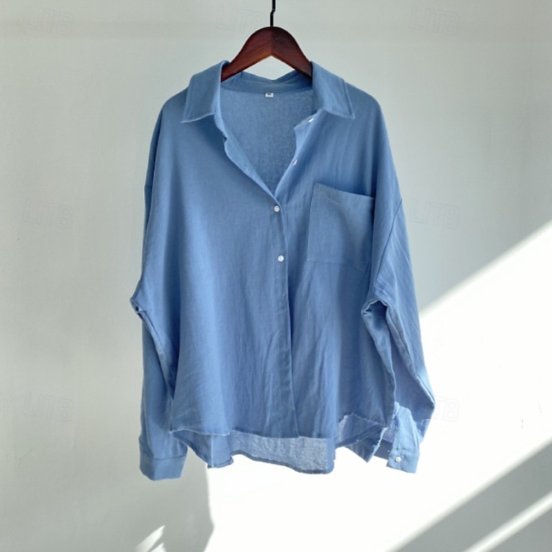 Damen Hemd Baumwoll-Leinen-Hemden Bluse Einfach Modern Lässig Langarm Hemdkragen Normale Oberteile Täglich Ferien Ausgehen Knöpfe Tasche Hellgrün Rosa Blau Aprikose Grau Sommer 2025 - $25.99 –P5
