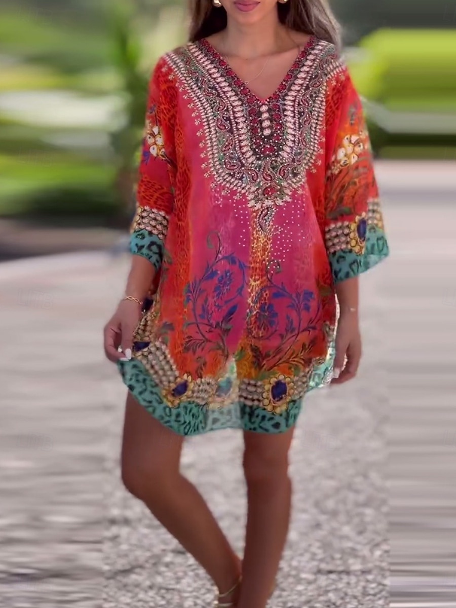 Women's Mini Dress A Line Dress Casual Boho Daily Holiday Beach Regular Fit Graphic 3/4 Length Sleeve V Neck Red Blue Green Summer Spring 2025 - $41.99 –P5