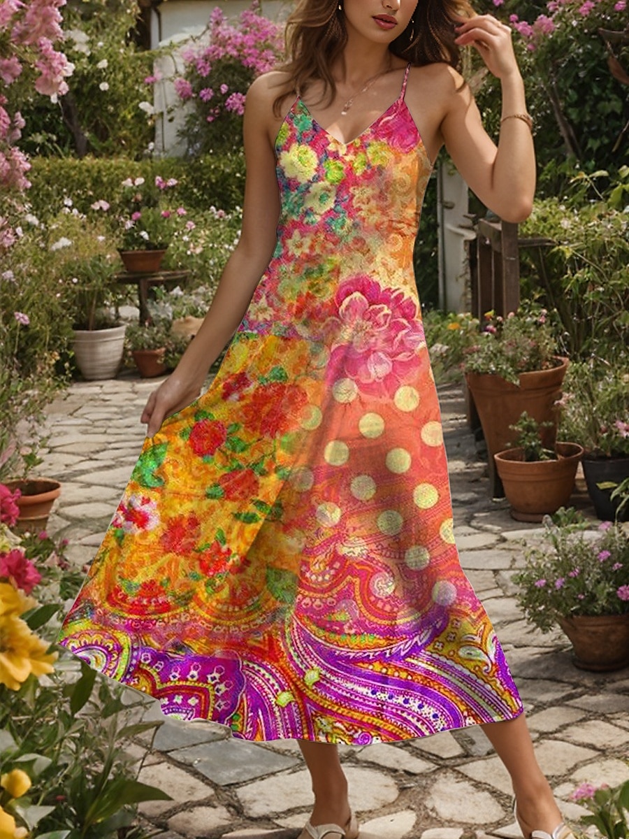 Per donna Abito maxi Vestito Estivo Abito a trapezio Abito Sottoveste Vacanza Casual Boho Spiaggia Vestibilità regolare Floreale Grafico A Pois Senza Maniche Scollo a V Viola Arancione Estate del 2025 a $34.99 –P5