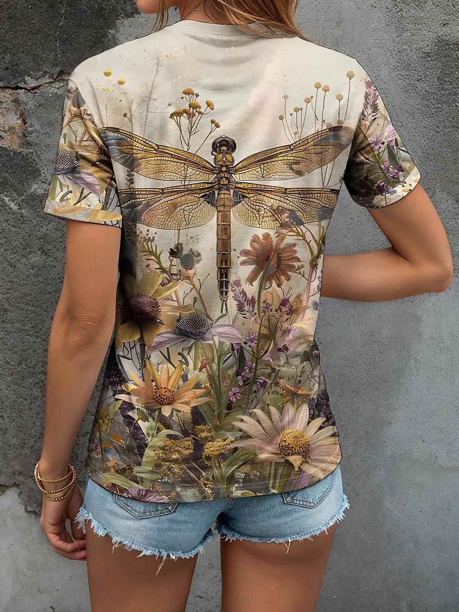 Femmes T-shirt Fleuri Graphique Libellule ancien Élégant Classique Manche Courte Col ras du cou Col rond Hauts Réguliers Quotidien Imprimé Jaune Rouge Bleu Violet Vert Été Printemps de 2025 ? $19.99 –P2