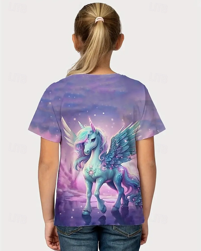 Dla dziewczynek 3D Jednorożec Podkoszulek T-shirt Krótki rękaw Lato Wiosna Moda Podstawowy Dzieci 4-12 lat Półgolf Na zewnątrz Codzienny Regularny 2025 - $11.99 –P2