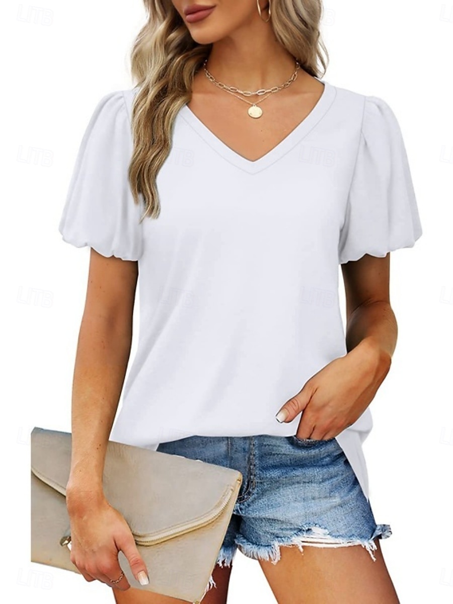 Femmes Chemisier Couleur Unie Quotidien Élégant Occasionnel Manche Courte Col en V Hauts Réguliers Quotidien Noir Blanche Vert Été Printemps de 2025 ? $17.99 –P1
