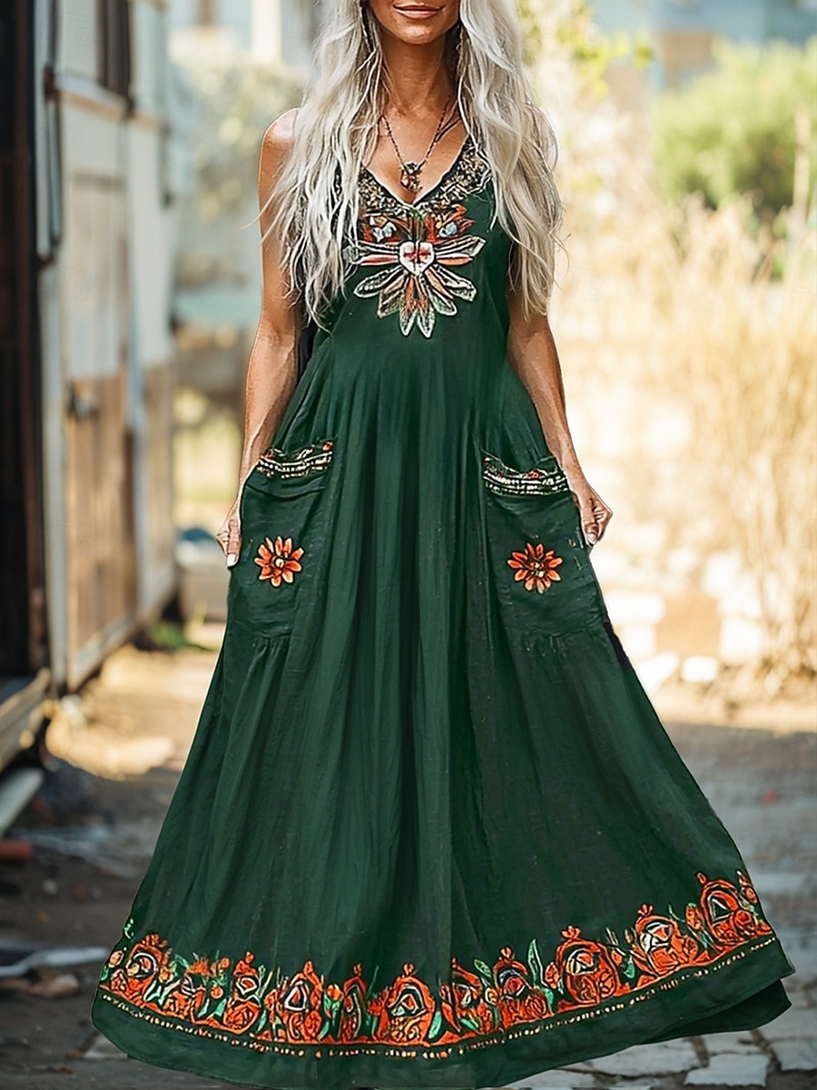Femmes Robe Longue Maxi Robe Robe Décontractée Robe évasée Robe d'été Robe bohème ancien Vacances Quotidien Fête Coupe régulière Fleuri Sans manches Col en V Vert Été de 2025 ? $27.99 –P3