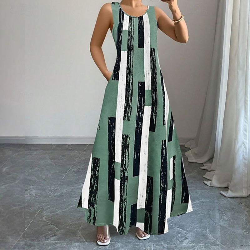 Damen Langes Kleid Maxikleid Freizeitkleid Trägerkleid Mode Outdoor Party Ferien Normale Passform Geometrisch Ärmellos Rundhalsausschnitt Schwarz Rote Grün Sommer 2025 - $24.99 –P3