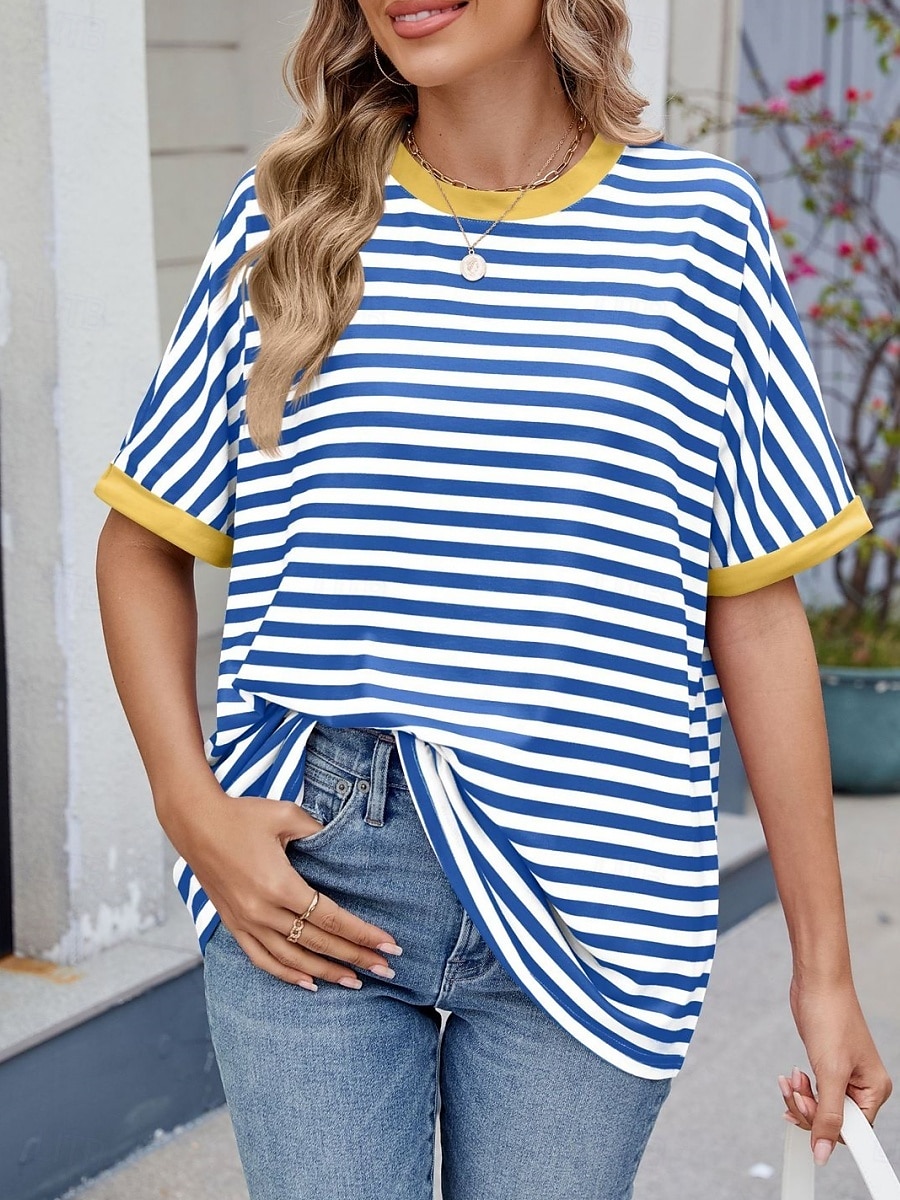 Femmes T-shirt Rayé Mode Élégant Moderne Manche Courte Col ras du cou Hauts Réguliers Quotidien Week-end Imprimé Noir Rouge Bleu Vert Été de 2025 ? $16.99 –P5