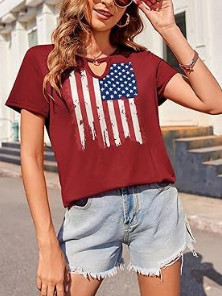 Vrouwen Blouse Vlag Stijlvol Casual Korte Mouw Crewneck Regelmatige Tops Dagelijks Print Zwart Rood Marineblauw Zomer 2025 - $19.99 –P3