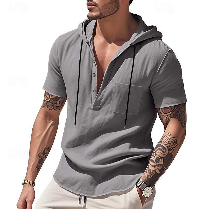 Men's Shirt Linen Shirt Popover Shirt Casual Shirt Cotton Shirt Plain Vacation Street Black White Navy Blue Brown Short Sleeve Hooded Summer Clothing Apparel Lace up 2025 - $22.99 –P15