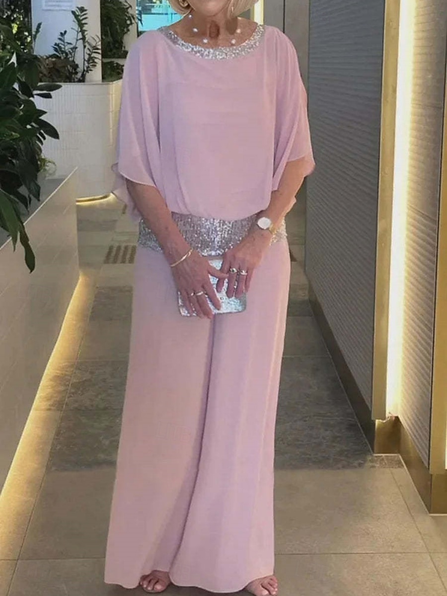 Ensembles de pantalons de mode 2 pièces pour femmes vêtements de rue quotidiens manches 3/4 col rond couleur unie sequins patchwork décontracté quotidien noir blanc rose été coupe régulière de 2025 ? $37.99 –P3