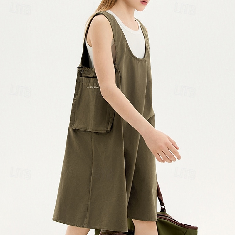 Kids Girls' Dress Solid Color Sleeveless Outdoor Pocket Adorable Basic Cotton Knee-length Casual Dress Bib Summer 4 years+ Brown 2025 - $84.99 –P4