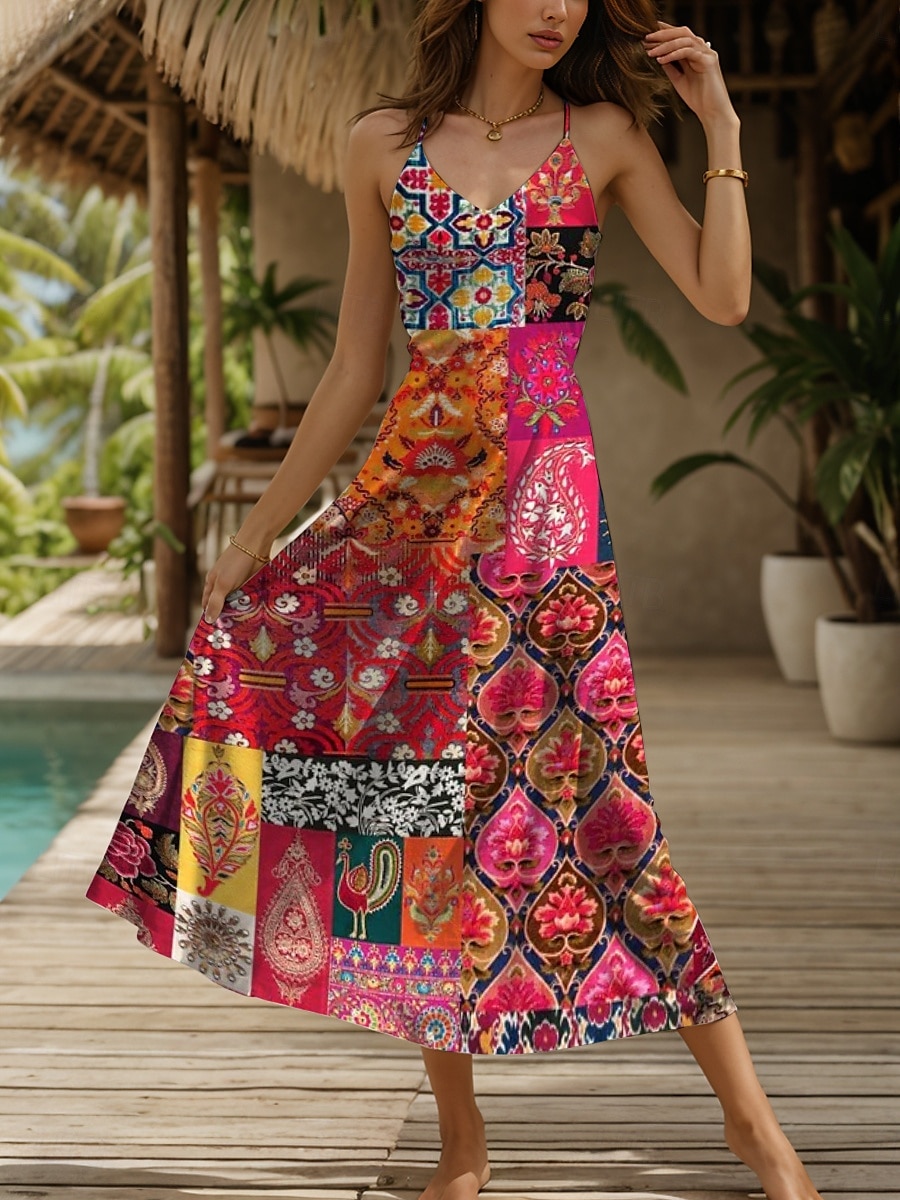 Dam Maxiklänning Solklänning A linjeklänning Slipklänning Semester Ledigt Boho Strand Normal Grafisk Årgång Bohemisk Ärmlös V-hals Gul Rubinrött Blå Purpur Sommar Vår 2025 - $28.99 –P1