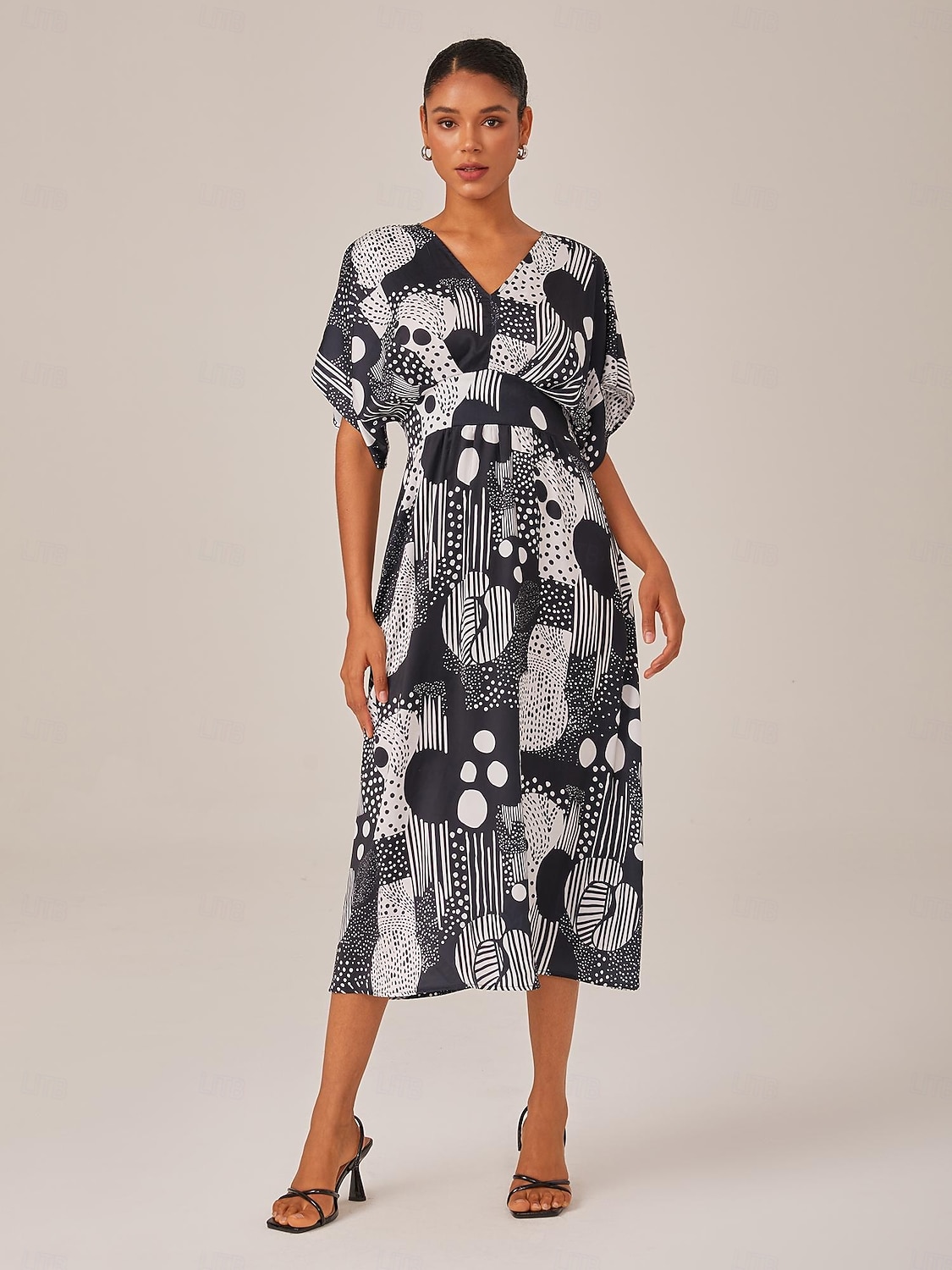 nero  &abito midi con scollo a V e pois astratti bianchi del 2025 a $75.99 –P3