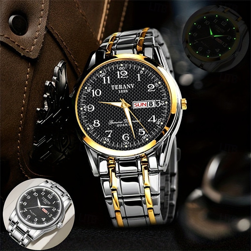 Ceas de mână bărbătesc la modă, cu curea din oțel, cu curea de cuarț, design simplu, cadran circular, calendar dual, impermeabil IPX7, cu lumină de noapte, ceas de afaceri 2025 - $12.99 –P1
