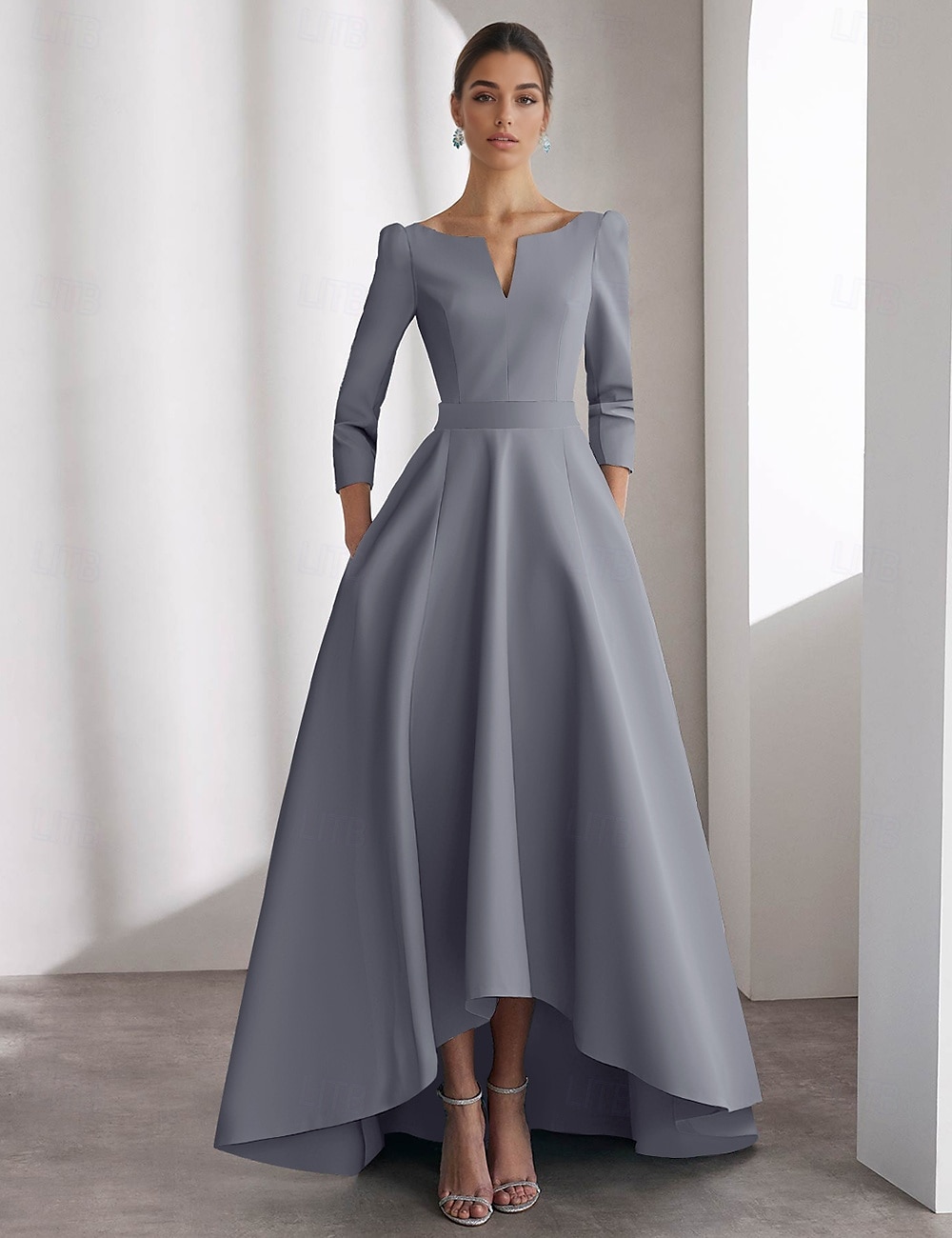 Abiti da Cocktail A-Line Blu Abito Elegante Formale Matrimonio Asimmetrico Maniche Lunghe Scollo a V Satin con Tasche del 2025 a $127.99 –P3