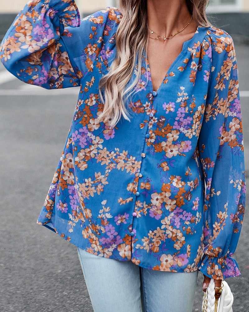 Femmes Chemise Bohème Chemisier Fleur Moderne Boho manche longue Col en V Hauts Réguliers Quotidien Sortir Imprimé Noir bleu marine Bleu Abricot Été de 2025 ? $26.99 –P13