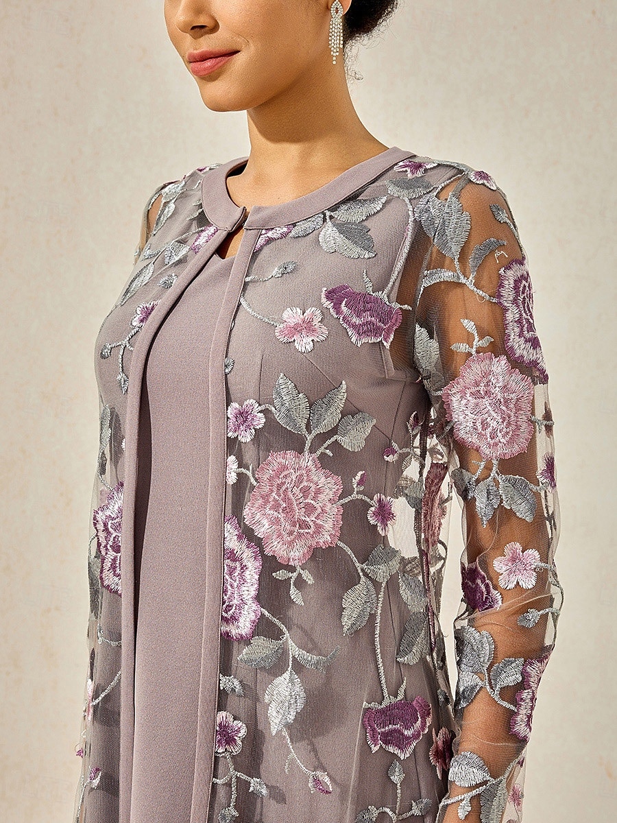Dam Telängd Cocktail klänning Klänning Set Bröllopsgästklänning A linjeklänning Elegant Formell Bröllop Fest Normal Blommig Långärmad Rund hals Grå rosa Sommar Vår Höst 2025 - $69.99 –P4