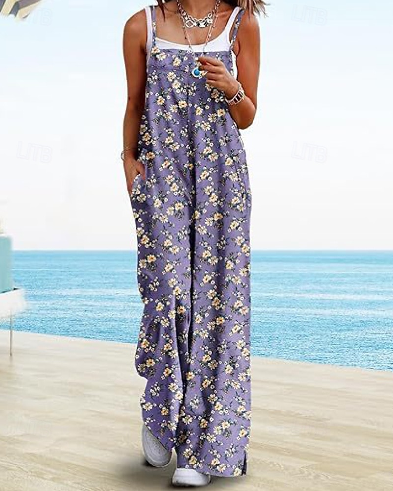 Femmes Normal Combinaison Occasionnel Fleuri Sans manches Col en U Avec Poches Imprimé Rue Quotidien Coupe régulière Bleu Violet Fuchsia Été de 2025 ? $23.99 –P3