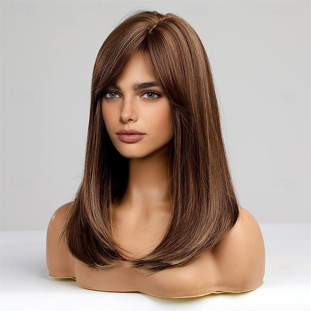 Pelucas largas de color marrón mixto para mujer, peluca de cabello sintético en capas con flequillo parcial 2025 - $27.99 –P4