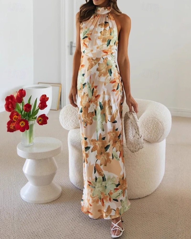 Women's Long Dress Maxi Dress Floral Dress Halter Neck Dress Fashion Modern Vacation Going out Weekend Regular Fit Flower Sleeveless Halter Neck Yellow Pink Green Summer 2026 - $27.99 –P1