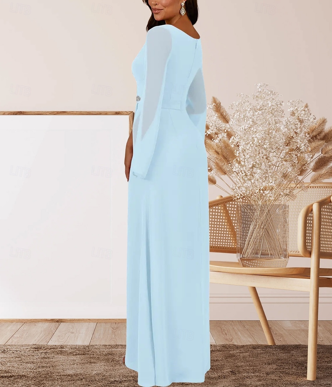 A-Linie Brautmutterkleid Hochzeitsgast Elegant V Ausschnitt Bodenlang Chiffon Langarm mit Kristalle Raffung 2025 2025 - $157.99 –P4
