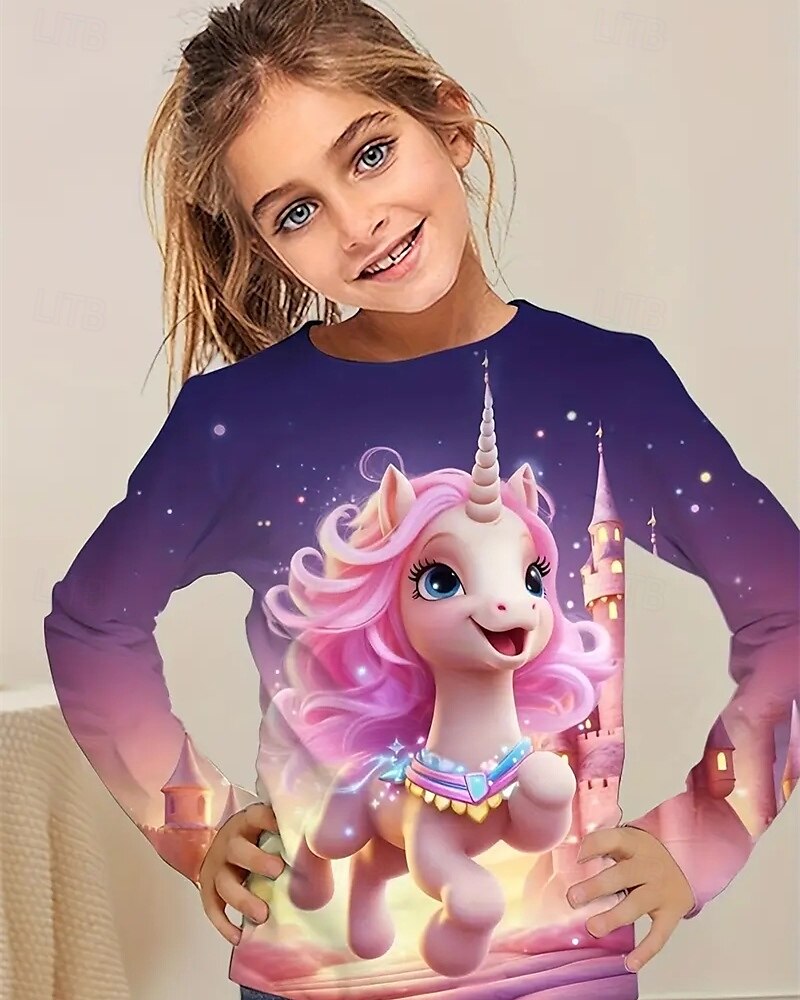 Flickor 3D Enhörnings T-shirt Långärmad Vår Höst Mode Grundläggande Barn 4-12 år Rund hals Utomhus Ledigt Dagligen Normal 2025 - $13.99 –P2