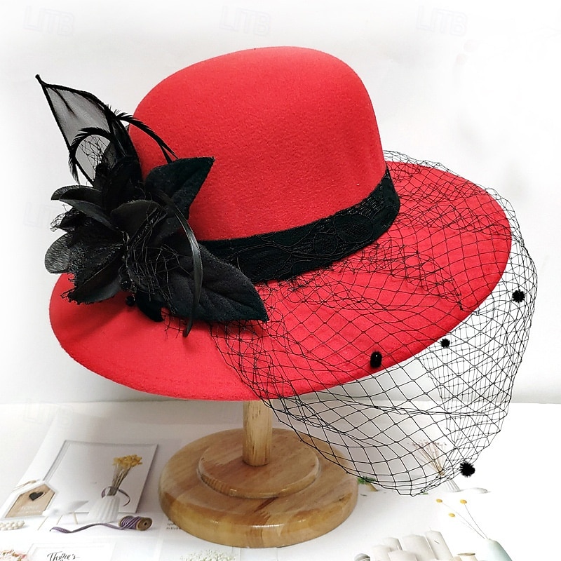 Vintage Fedora Bucket Hat with Removable Mesh Flowers Feathers Elegant Ladies Bowler Hat Winter Warm Wide Brim Church Derby Hat for Wedding Race Banquet 2025 - $23.99 –P15