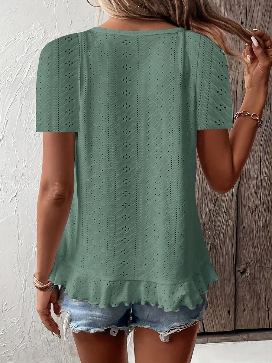 Tricou pentru femei Culoare solidă Simplu Basic Casual Mâneci scurte Guler rotund Topuri Regular Zilnice Weekend Volan Dantelat Alb Galben Roz Verde Vară 2025 - $19.99 –P5