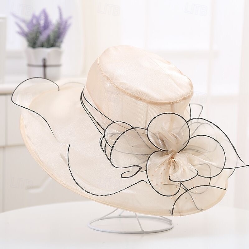 fascinatorhattar för kvinnor, bredbrättad organzahatt för kyrkteaparty, elegant vintage moderiktig mössa för bröllop, fascinator, cocktailparty, beige, fascinatorhattar för kvinnor te, hatt 2026 - $25.99 –P11