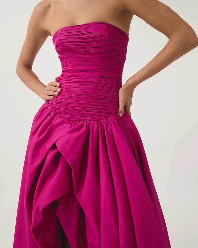 Pinkes A-Linien-Abendkleid, Bubble-Kleid, formelles, halbformelles Hochzeitskleid, bodenlang, ärmellos, trägerlos, Taft mit gerüschtem Schlitz, 2025 2025 - €136.99 –P2