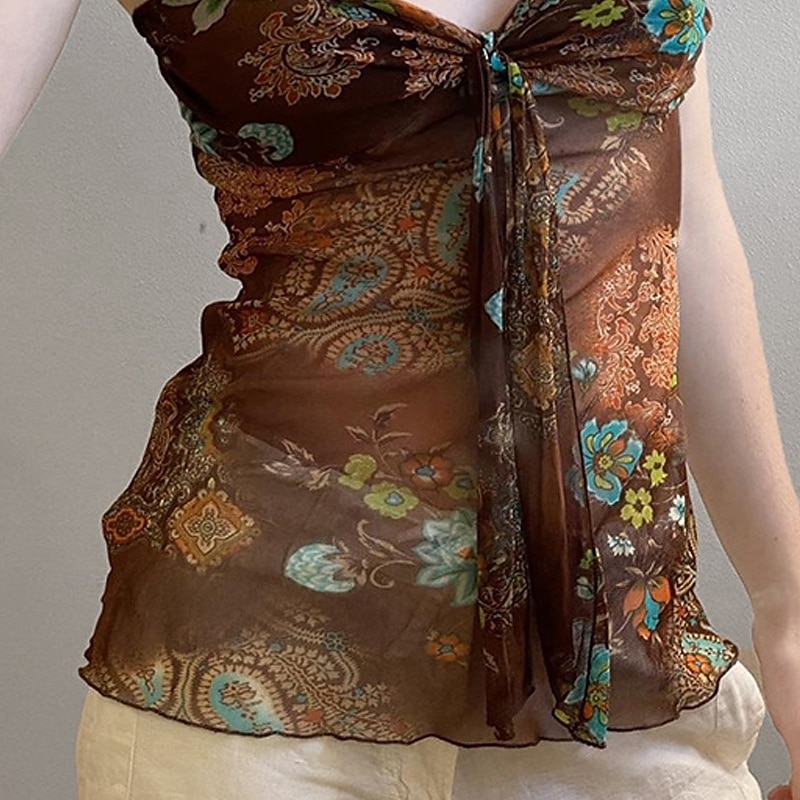 Dame Boho skjorte Bluse Blomsternål i krystall Moderne Bohem Ermeløs Med stropper Vanlige topper Ferie Ut på byen Trykt mønster Brun Sommer 2025 - $16.49 –P3
