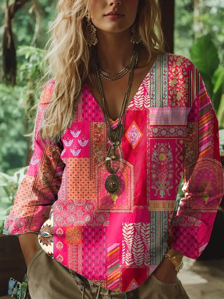Femmes Chemisier Fleuri Graphique Paisley Bohème ancien Tropical Manche 3/4 Col en V Hauts Réguliers Froncé Broderie Imprimé Rose Claire Bleu Violet Vert Été Printemps de 2025 ? $24.99 –P4