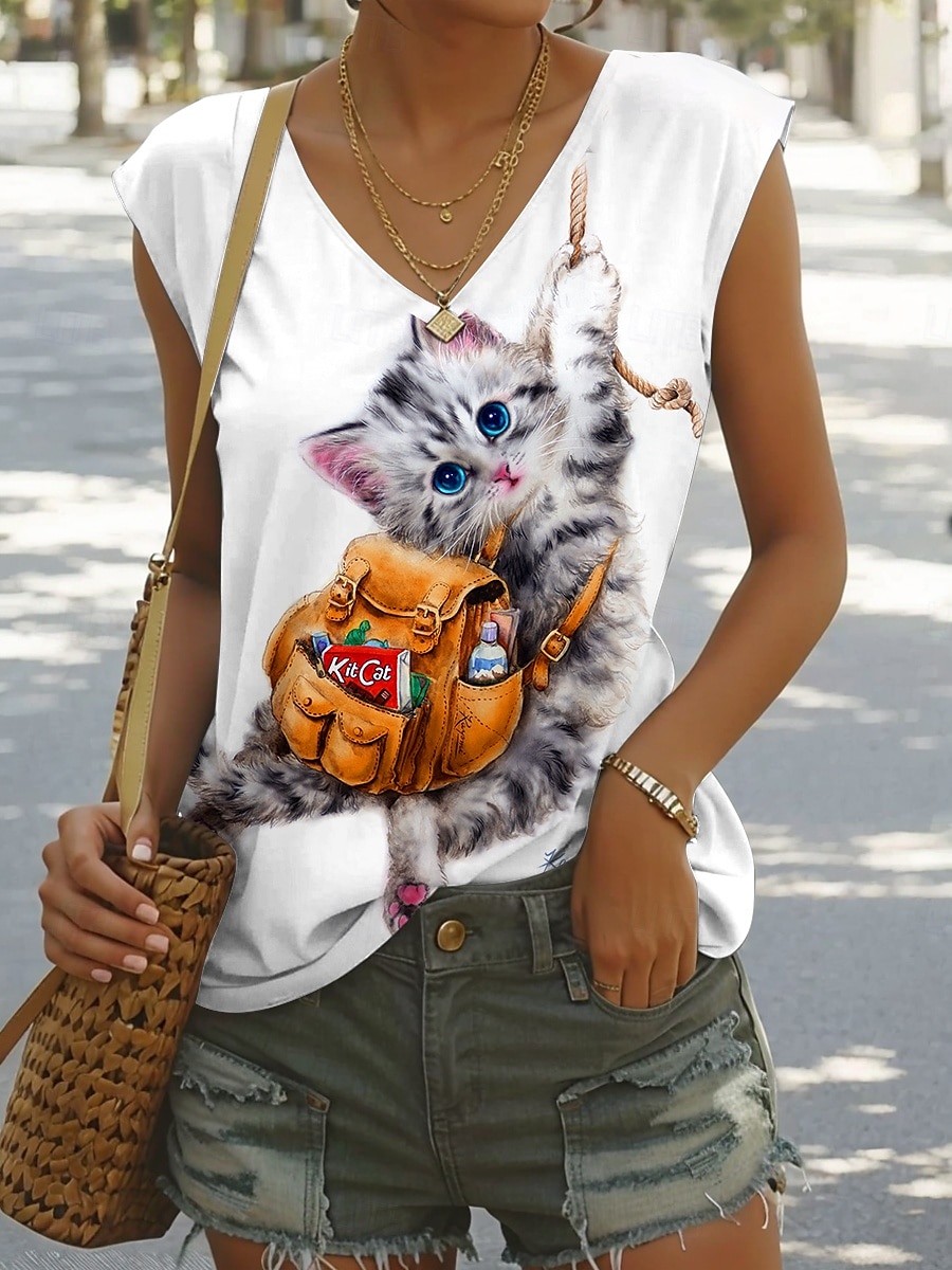 Canotta da donna Kayomi Harai, grafica, animale, gatto, elegante, classica, casual, senza maniche, scollo a V, top normali, quotidiano, stampa, nero, bianco, giallo, estate, primavera del 2025 a $17.99 –P4