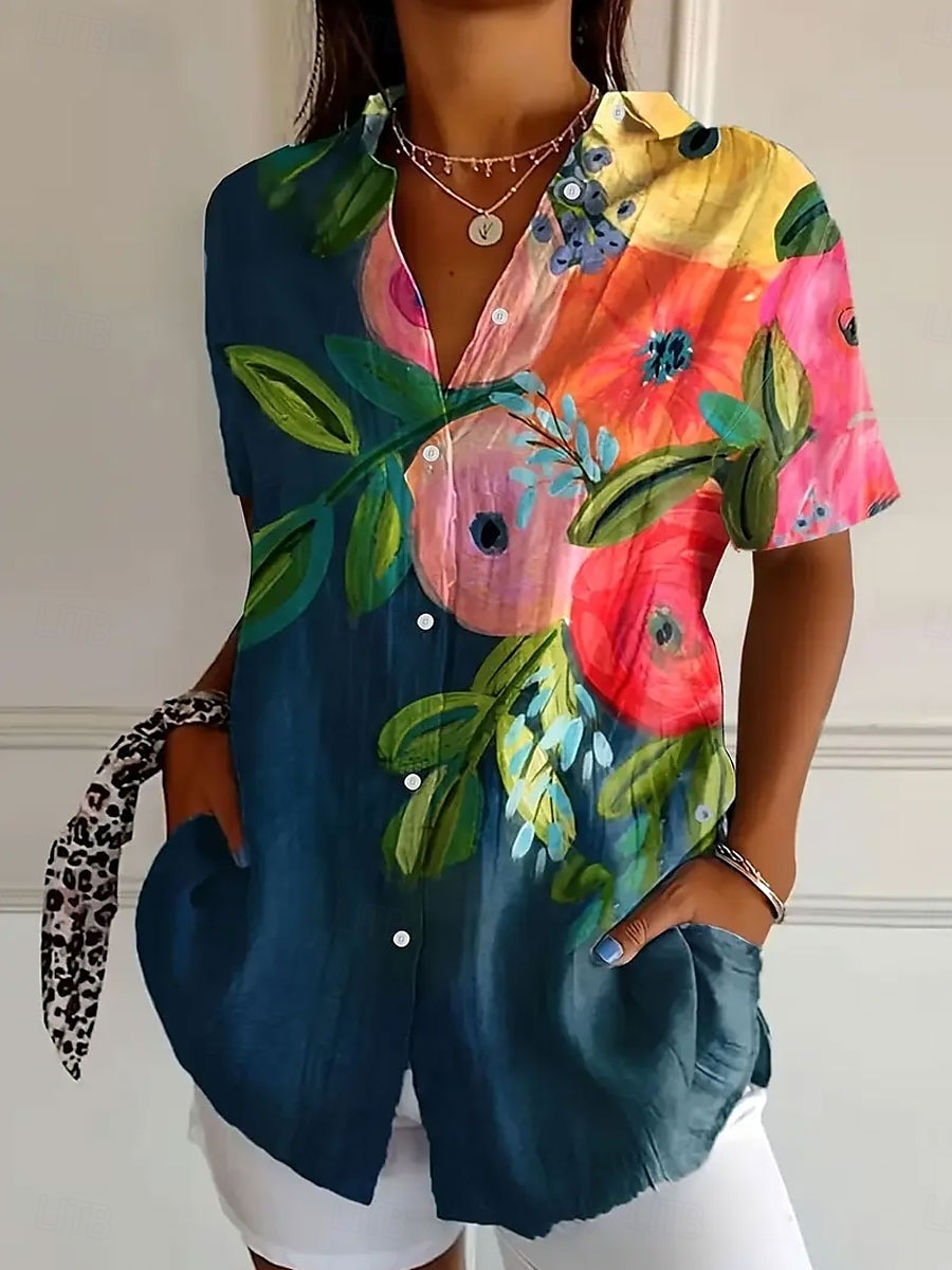 Pentru femei Cămașă Floral Grafic Zilnic Casual Manșon scurt Guler Cămașă Topuri obișnuite Zilnic Roz Îmbujorat Albastru piscină Portocaliu Maro Vară 2025 - $24.99 –P1