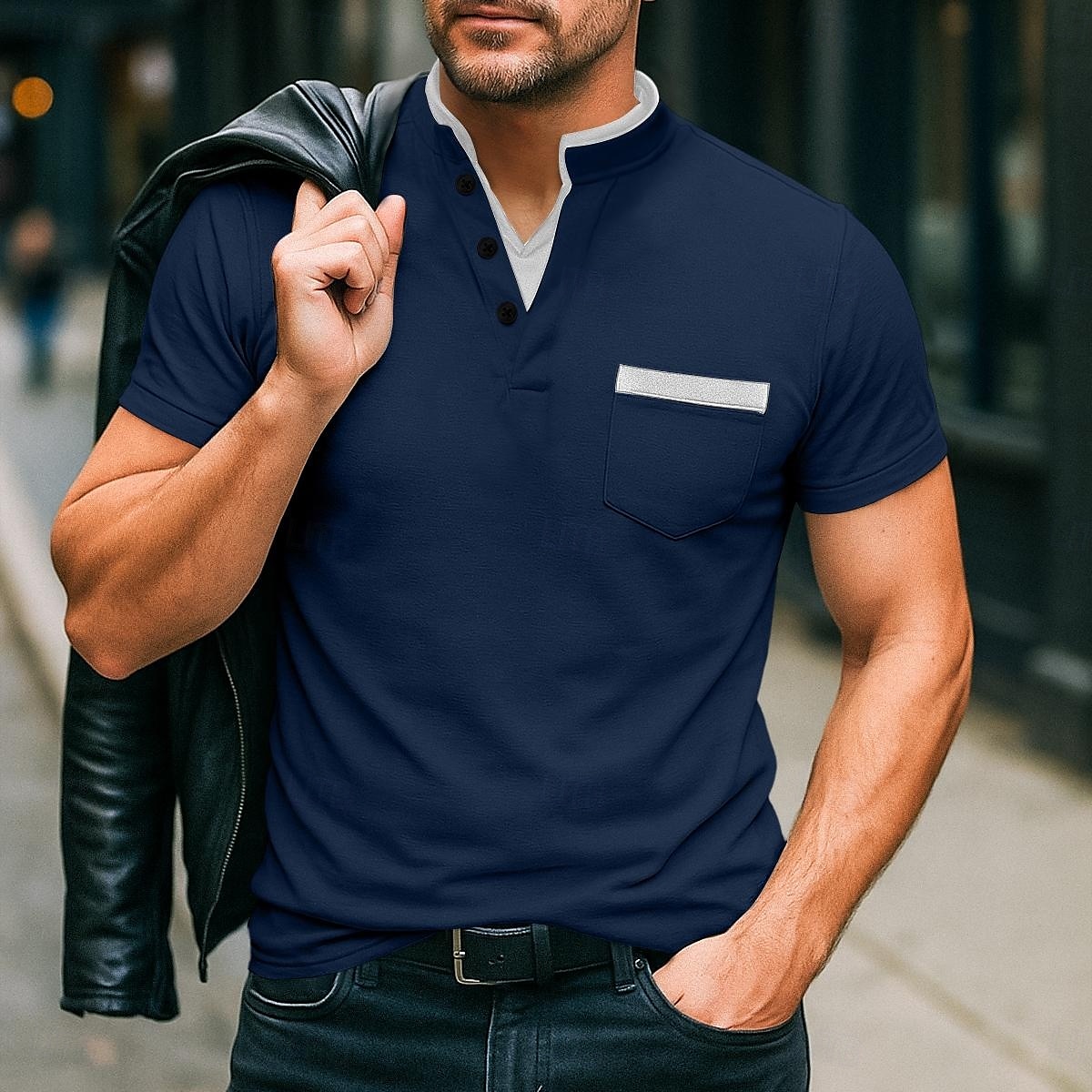 Homens Camisa com gola listrada Manga Curta Decote V Com Recorte Verão Primavera Tecido Moda Básico Moderno Botões duas peças falsas Rua Casual Diário Preto Branco Azul Marinha Top Tee para Homens de 2025 por $18.99 –P6