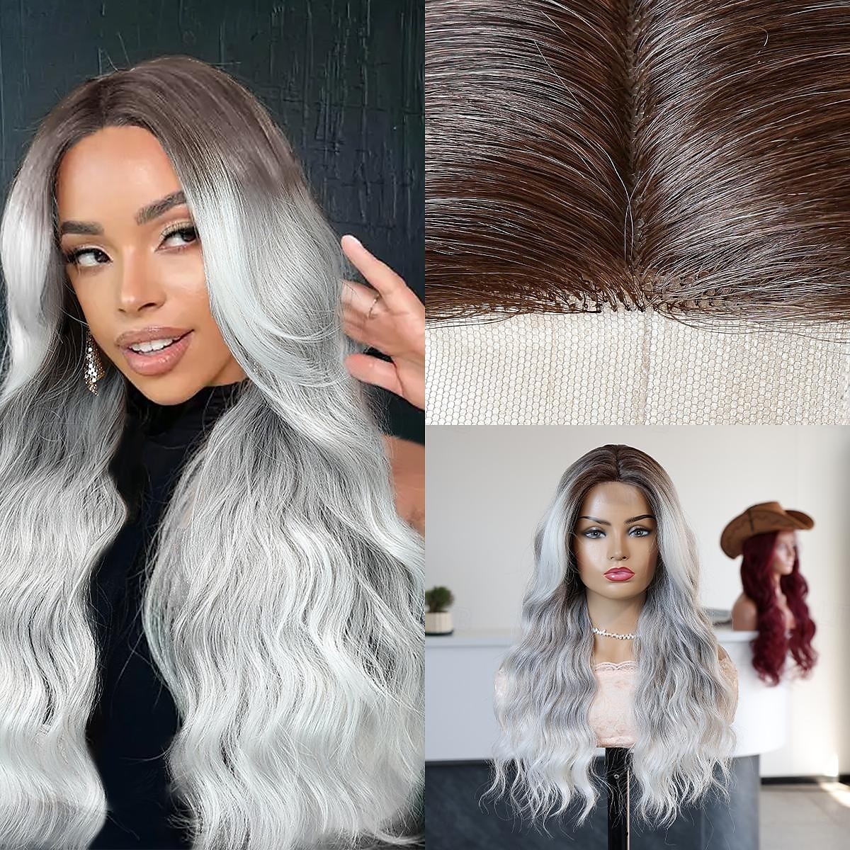 Perruque en dentelle synthétique Bouclé Style 24 pouce Gris Raie au milieu partie U Perruque Femmes Perruque Gris argenté de 2025 ? $39.99 –P1