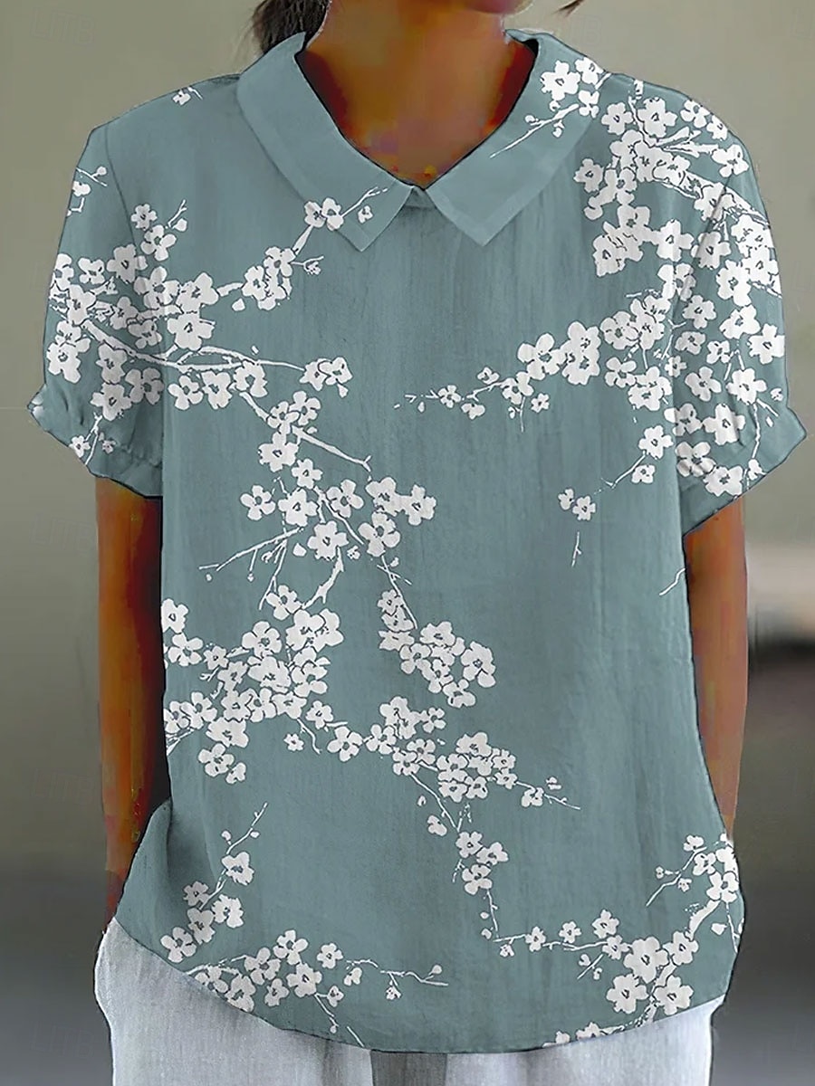Dame Bluse Blomstret Grafisk Årgang Tropisk Stilfull Kortermet Skjortekrage Vanlige topper Arbeid Daglig Trykt mønster Rosa Blå Grønn Kakifarget Sommer Vår 2025 - $23.99 –P1