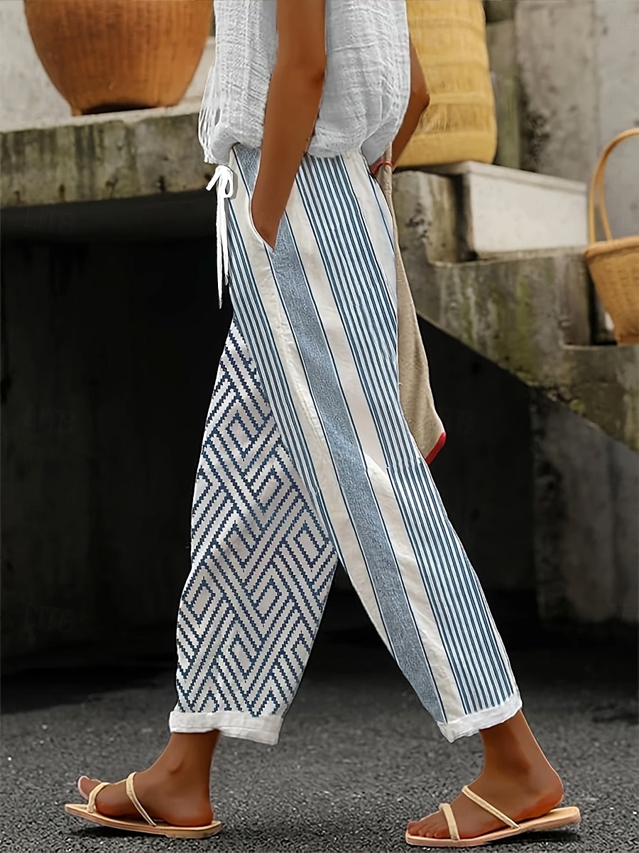 Damen Slim Fit Elegant Urlaub Vintage Volle Länge Hohe Taille Grafik Gestreift Geometrisches Muster Drucken Atmungsaktiv Weich Mikroelastisch Outdoor Täglich Hellblau Hellblau-Weiß Leicht Grün Sommer 2025 - $32.99 –P3