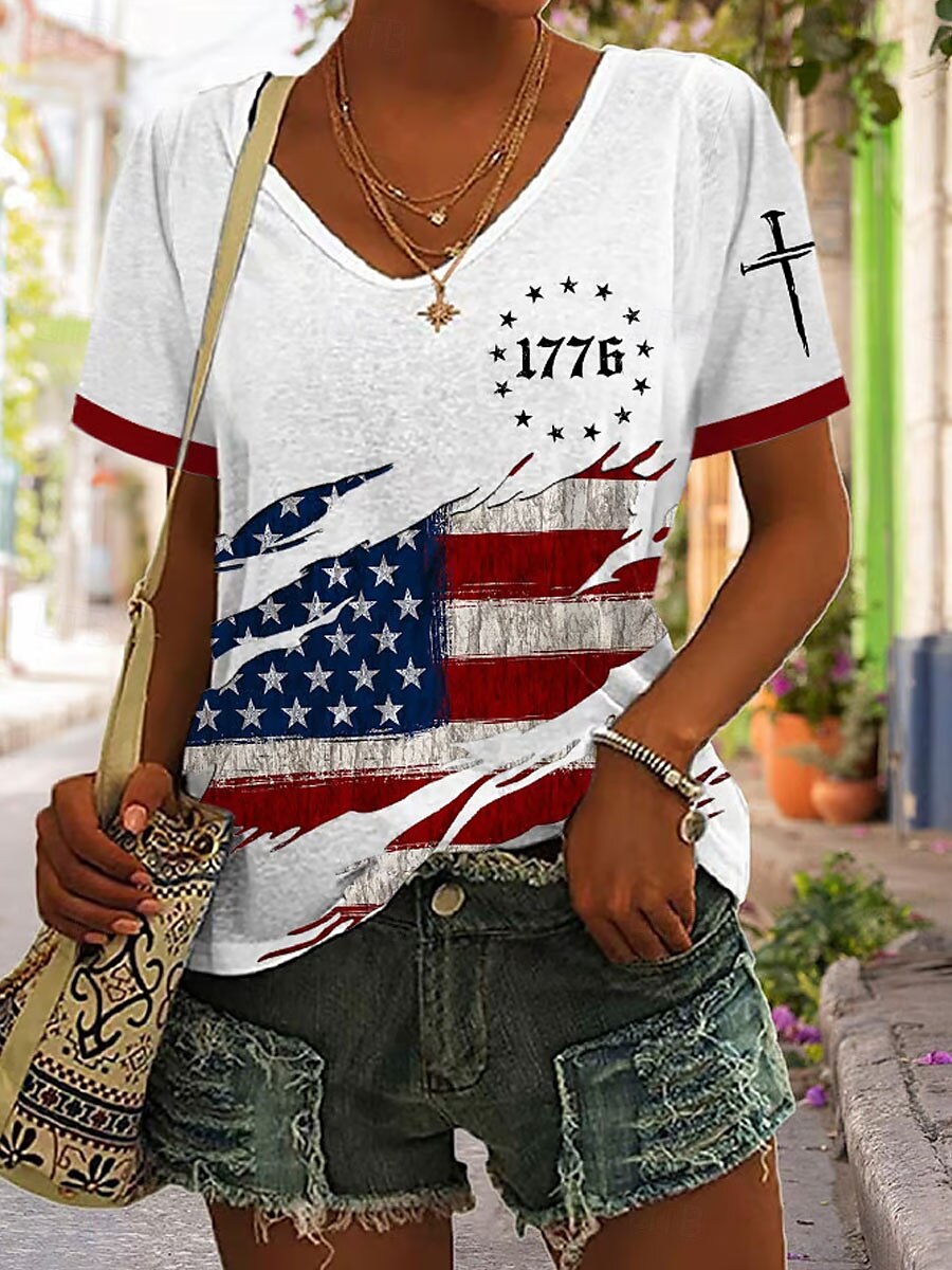 Női Hazafias Póló Grafika Amerikai Zászló Vintage Stílusos Klasszikus Rövid Ujjú V Nyak Rendszeres Felsők Napi Hétvégi Nyomtatás Fehér Nyár 2025 - $19.99 –P1