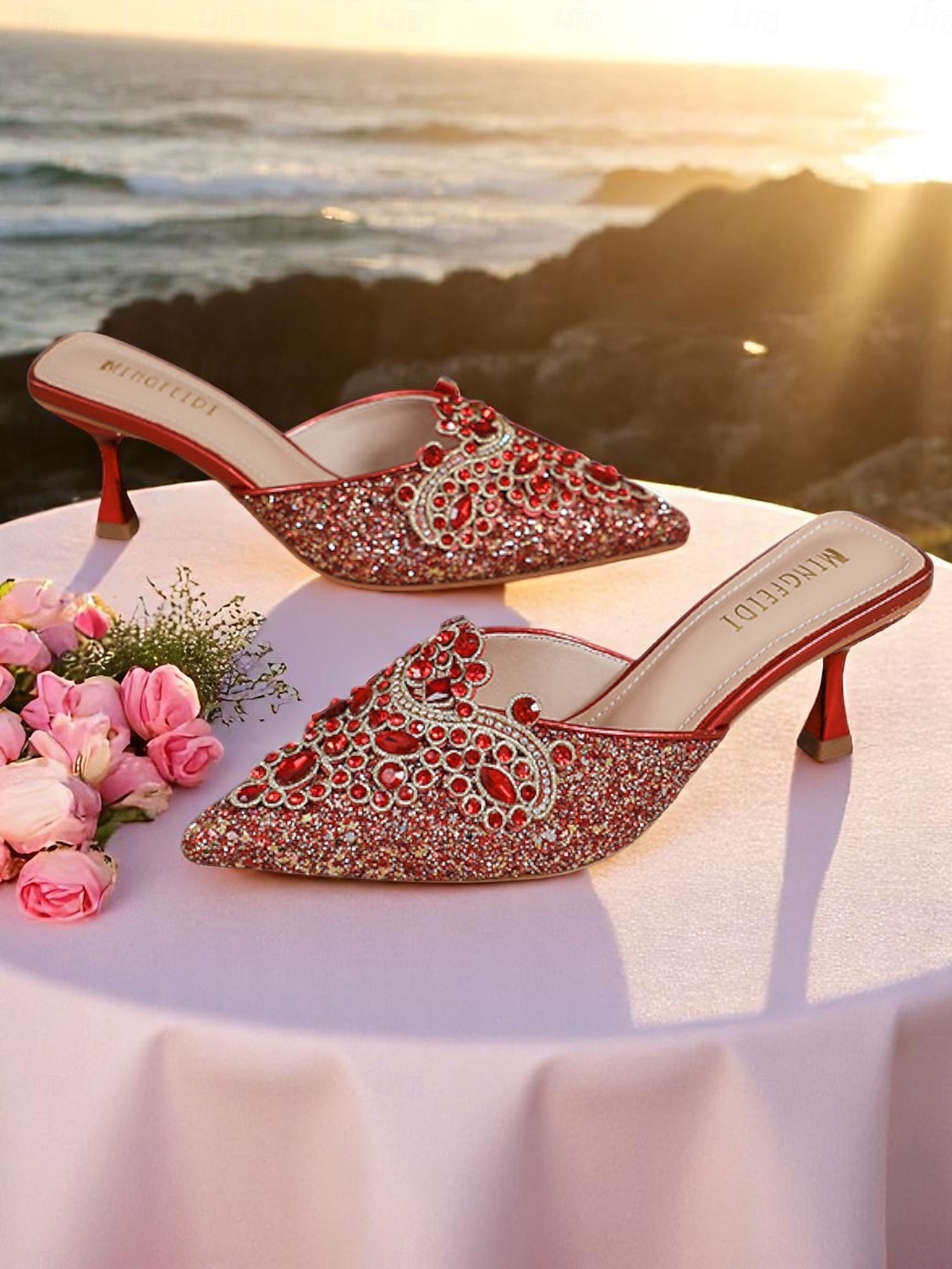 Damen-Pantoletten mit goldenen Pailletten – spitze Schlupfschuhe mit Strass-Details für glamouröse Cocktail-Events 2025 - $42.99 –P4