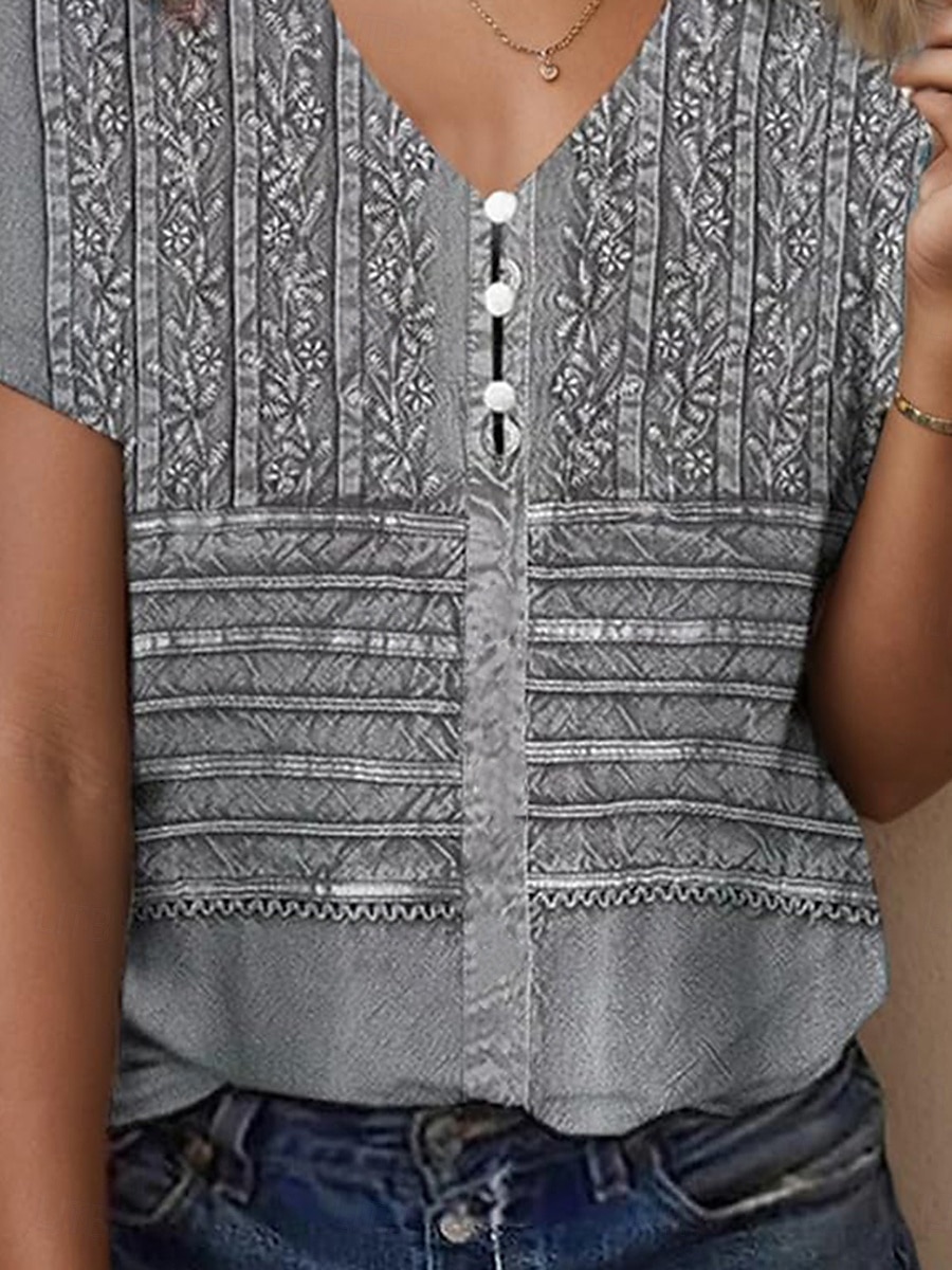 Femmes T-shirt Fleuri Graphique Géométrique ancien Élégant Classique Manche Courte Col en V Hauts Réguliers Quotidien Sortir Week-end Imprimé Gris Été Printemps de 2025 ? $27.99 –P3