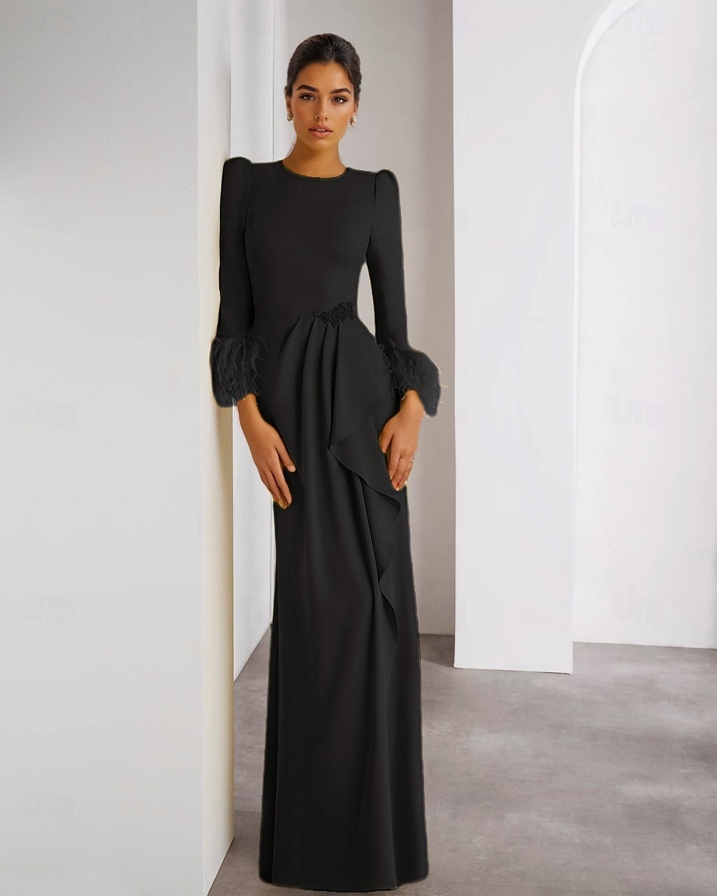 Abito da sera con colonna di piume, in crêpe elasticizzato, elegante, formale, da sposa, lungo fino al pavimento, manica lunga, scollo rotondo, staccabile, 2025 del 2025 a $149.99 –P4