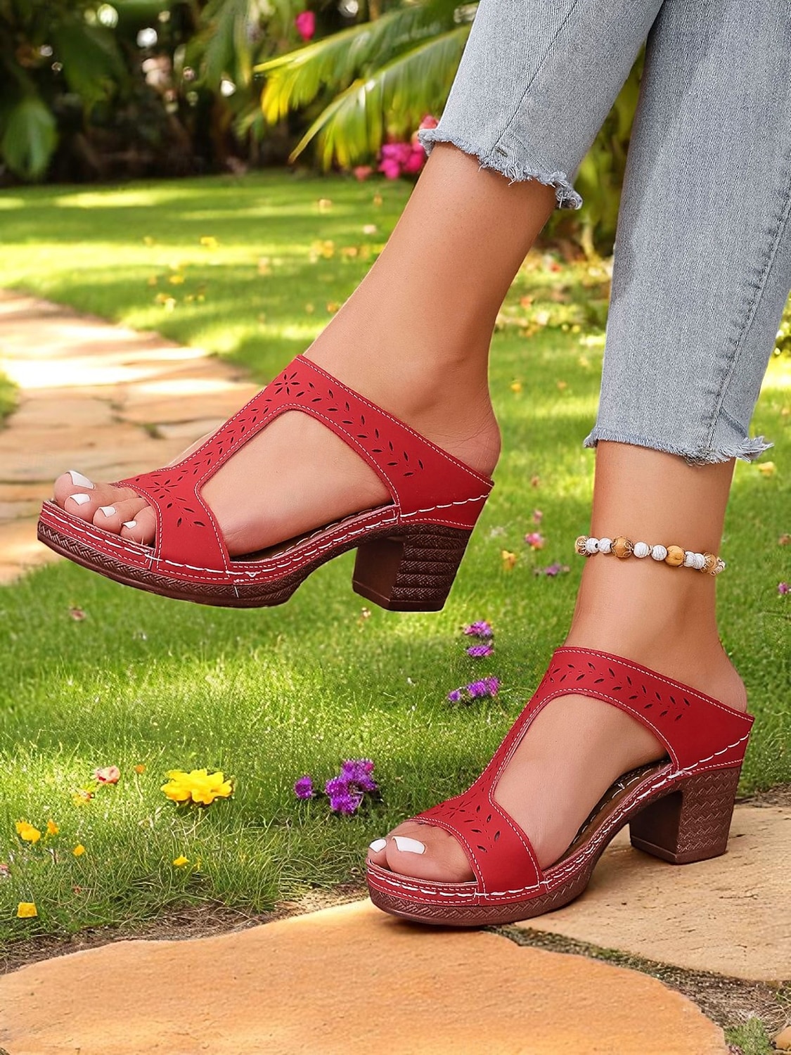 sandali da donna con cinturino a T rosso - tacco comodo e design traforato, ideali per abbigliamento casual ed eventi estivi alla moda del 2025 a $24.99 –P1