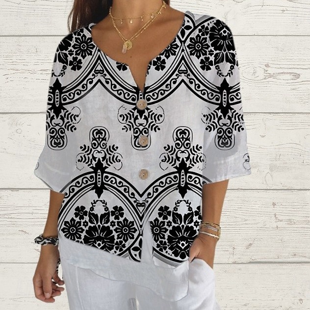Femmes Chemise Hauts d'été Graphique Géométrique Classique Occasionnel Manche 3/4 Col en V Hauts Réguliers Quotidien Week-end Imprimé Blanc / Noir Été Printemps Automne de 2025 ? $19.99 –P1