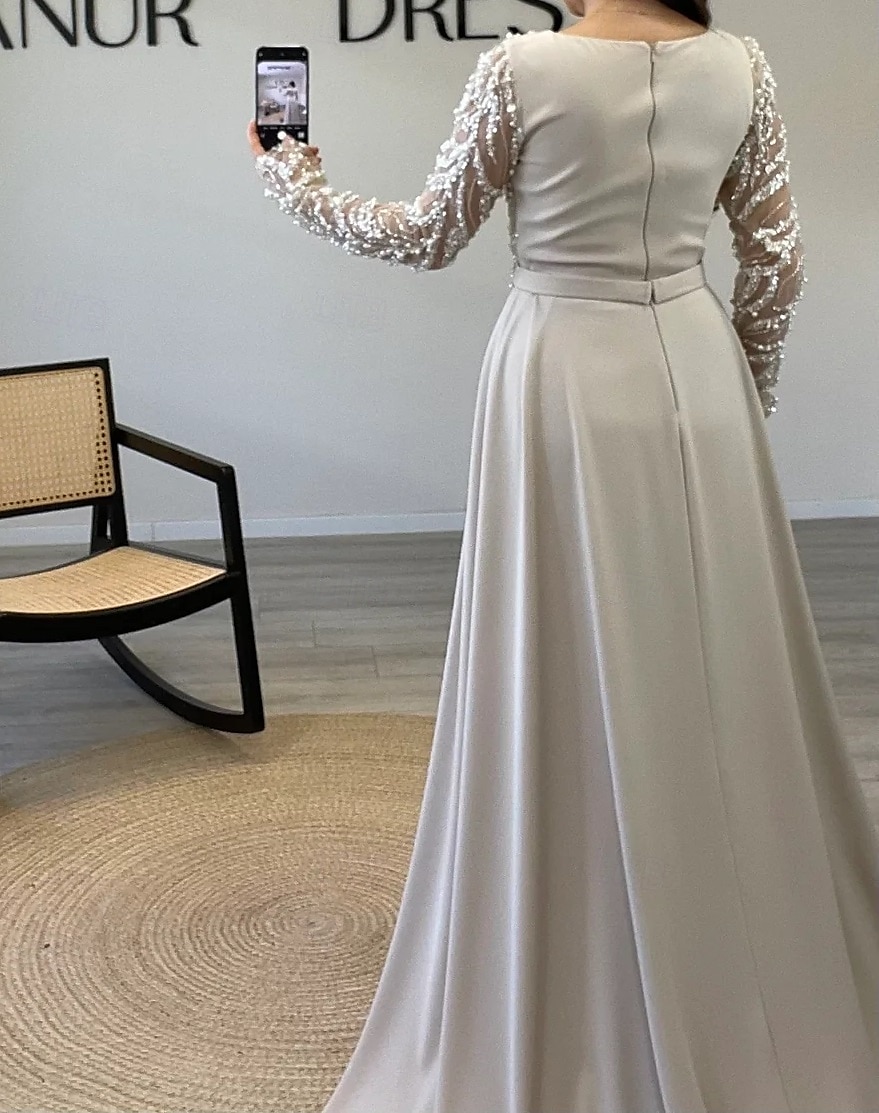 Robe de Soirée Sheath  Colonne Robe Élégante Carnaval Formelle Longueur de sol Manches longues Col illusion Détachable Crêpe extensible avec Paillettes et Perles de 2025 ? $154.99 –P3