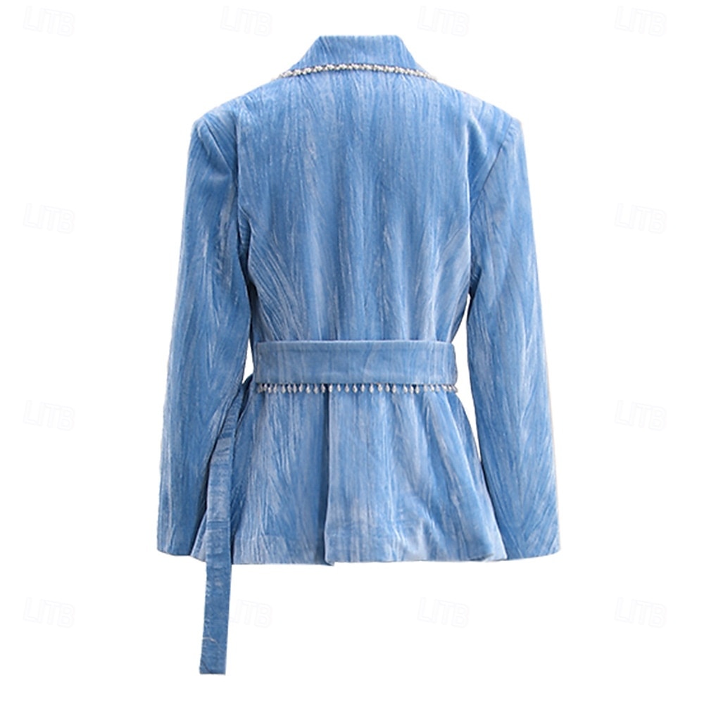 Blue Velvet Pantsuit Mother of the Bride Suit Elegant Minimalist Notched Lapel Floor Length Long Sleeve with Pearls 2025 - $129.99 –P12