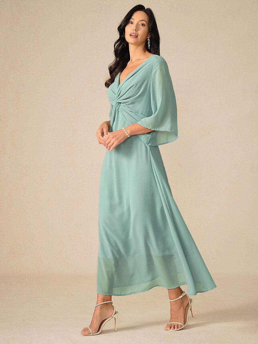 rochie de cocktail pentru invitați la nuntă pentru femei șifon uni cu volane răsucite elegantă rochie maxi de vară cu decolteu în V mânecă evazată lungime 3/4 2025 - $49.99 –P14