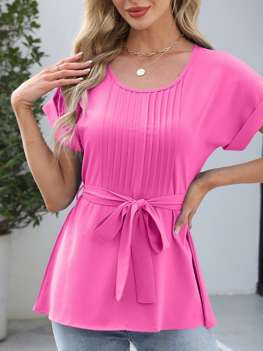 Dame Bluse Helfarge Stilfull Fritid Kortermet Crew-hals Vanlige topper Daglig Blondér Blå Fuksia Grønn Aprikos Sommer 2025 - $19.99 –P7
