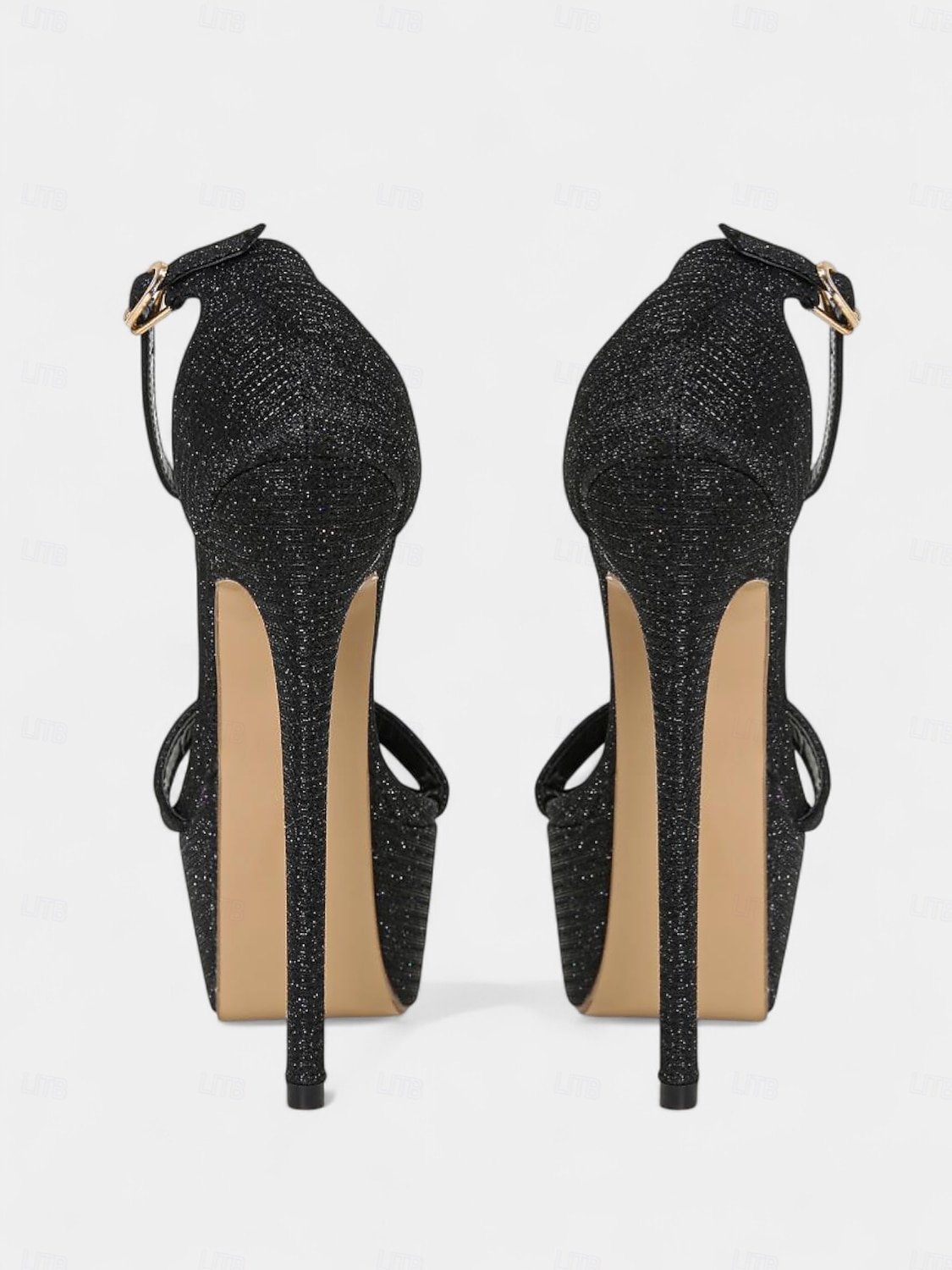 naisten mustat glitter-korkokengät - peep-toe-nilkkaremmillä varustetut juhlakengät yöelämään ja klubitapahtumiin 2026 - $54.99 –P4