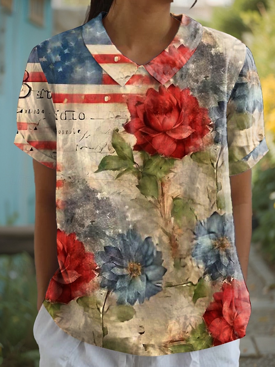 Bluză patriotică pentru femei grafică cu steag stil casual mânecă scurtă guler regular print galben roșu albastru vară primăvară 2025 - $23.99 –P2
