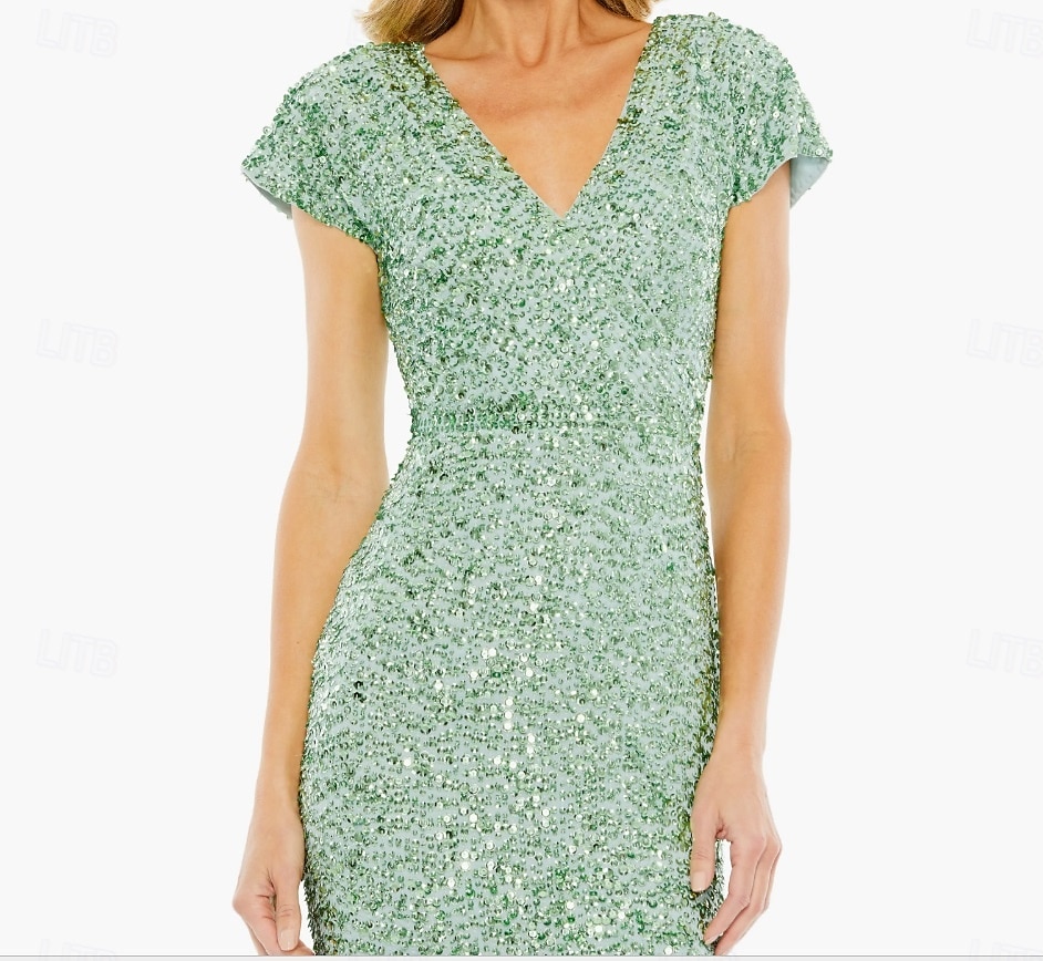 Robe fourreau/colonne en dentelle à paillettes vert bleu pour mère de la mariée, élégante, simple et luxueuse, col en V, longueur thé, longueur midi, tulle, manches courtes, 2025 de 2025 ? $149.99 –P2